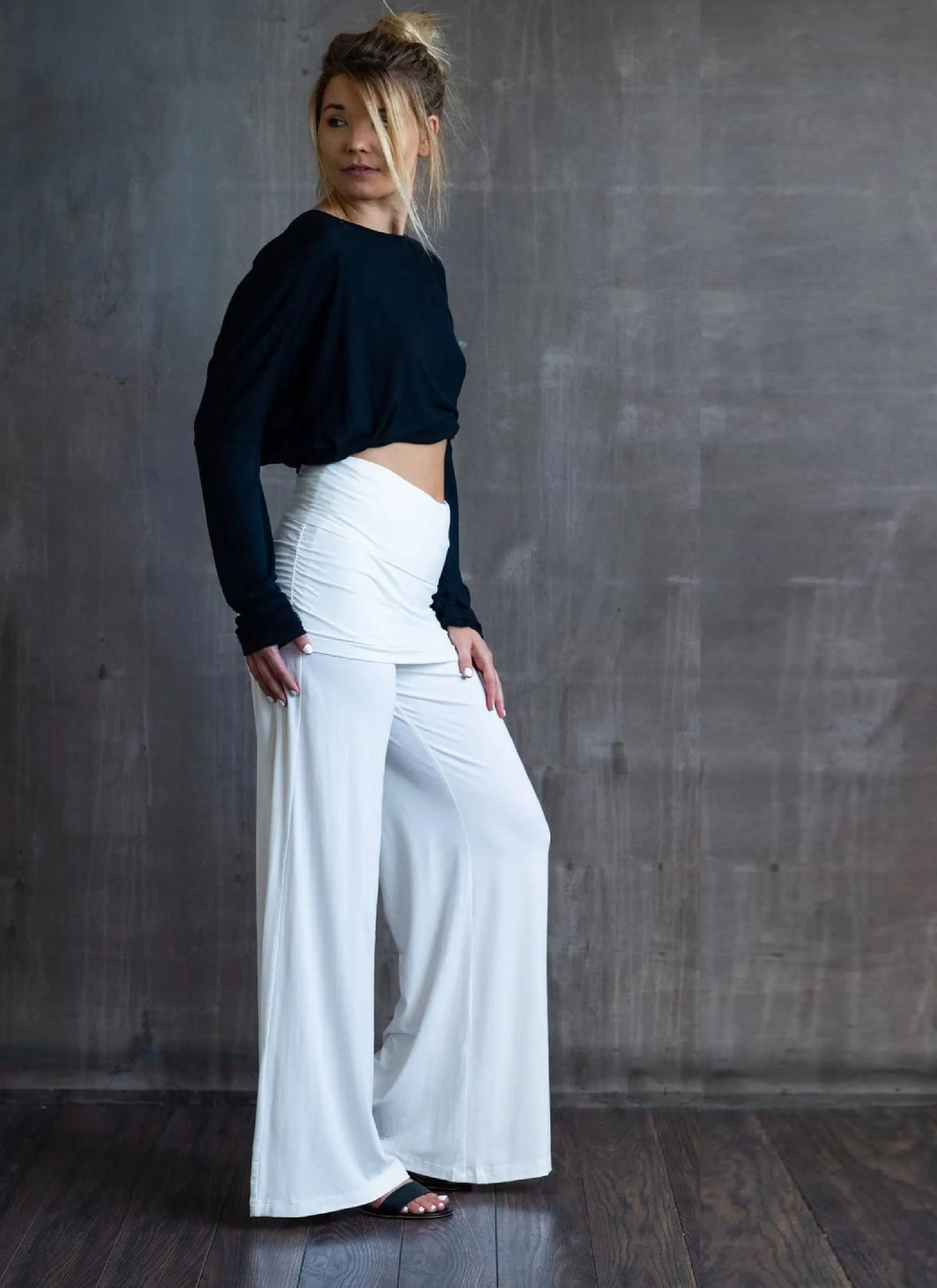 Straight Leg Palazzo Yoga Pants with Miniskirt in White