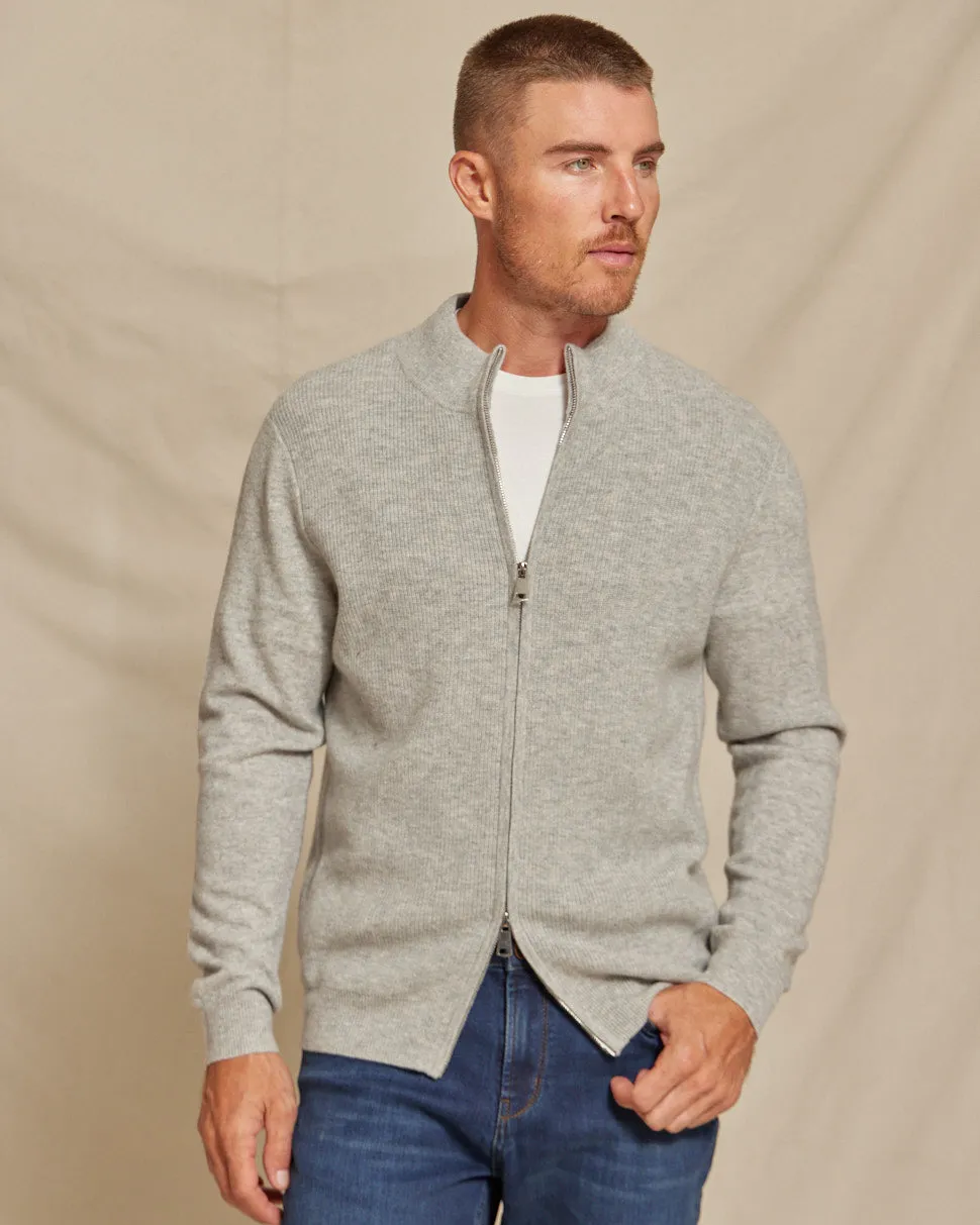 The Frost - Wool/Cashmere Full Zip Rib Knit Sweater - Grey Heather