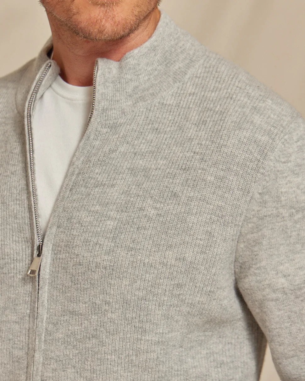 The Frost - Wool/Cashmere Full Zip Rib Knit Sweater - Grey Heather