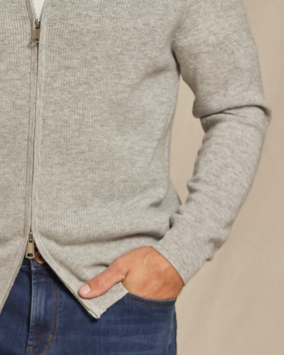 The Frost - Wool/Cashmere Full Zip Rib Knit Sweater - Grey Heather