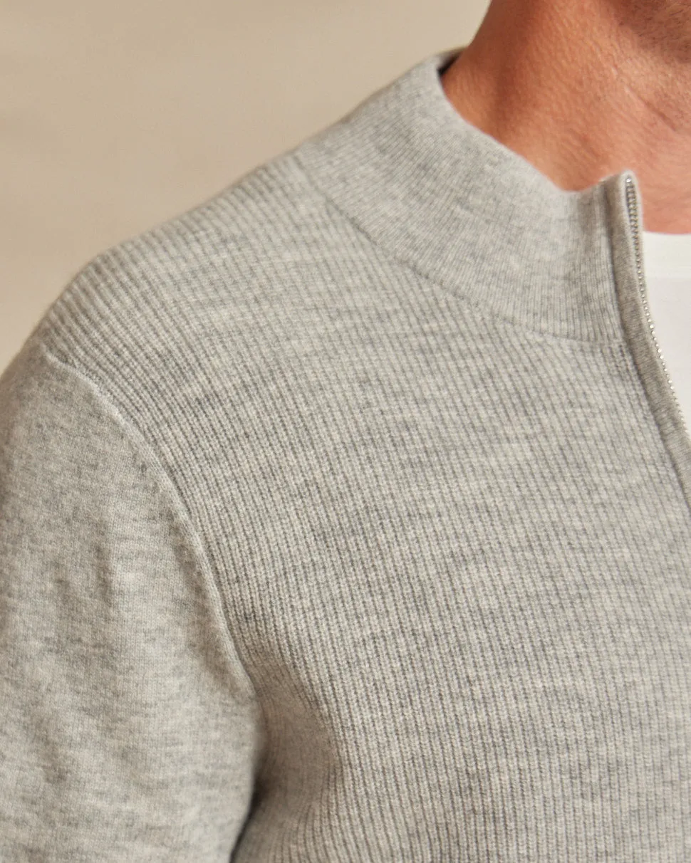 The Frost - Wool/Cashmere Full Zip Rib Knit Sweater - Grey Heather