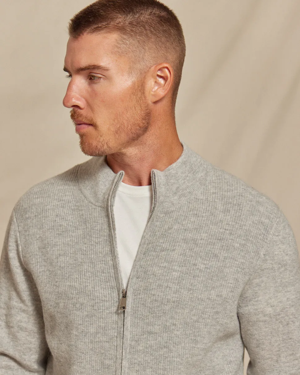 The Frost - Wool/Cashmere Full Zip Rib Knit Sweater - Grey Heather