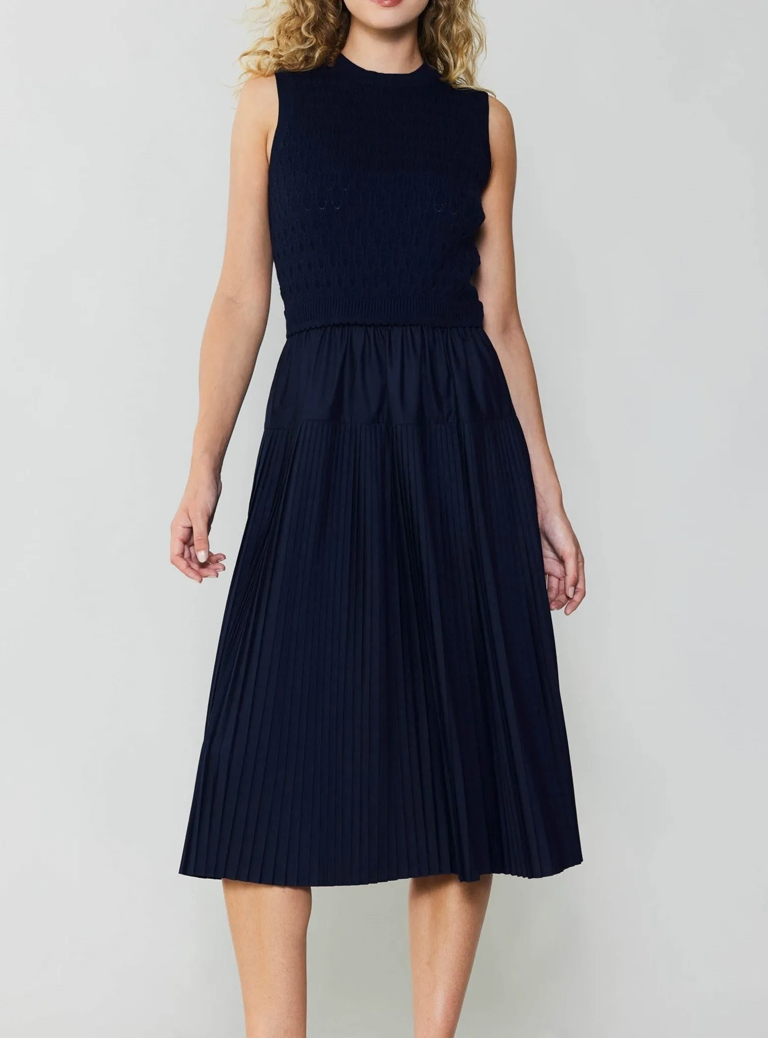 The Woven Combo Dress in Navy