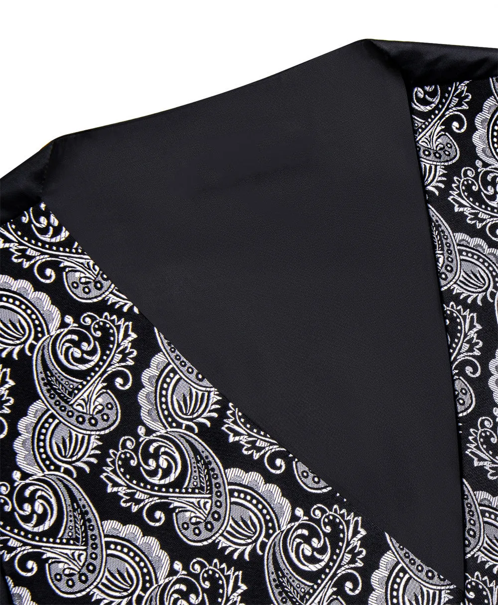 Ties2you Black Silver Paisley Jacquard Silk Men's Vest Hanky Cufflinks Tie Set