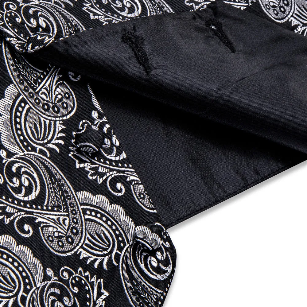 Ties2you Black Silver Paisley Jacquard Silk Men's Vest Hanky Cufflinks Tie Set