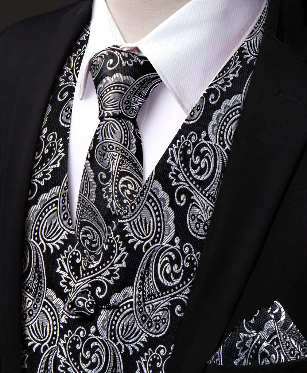 Ties2you Black Silver Paisley Jacquard Silk Men's Vest Hanky Cufflinks Tie Set