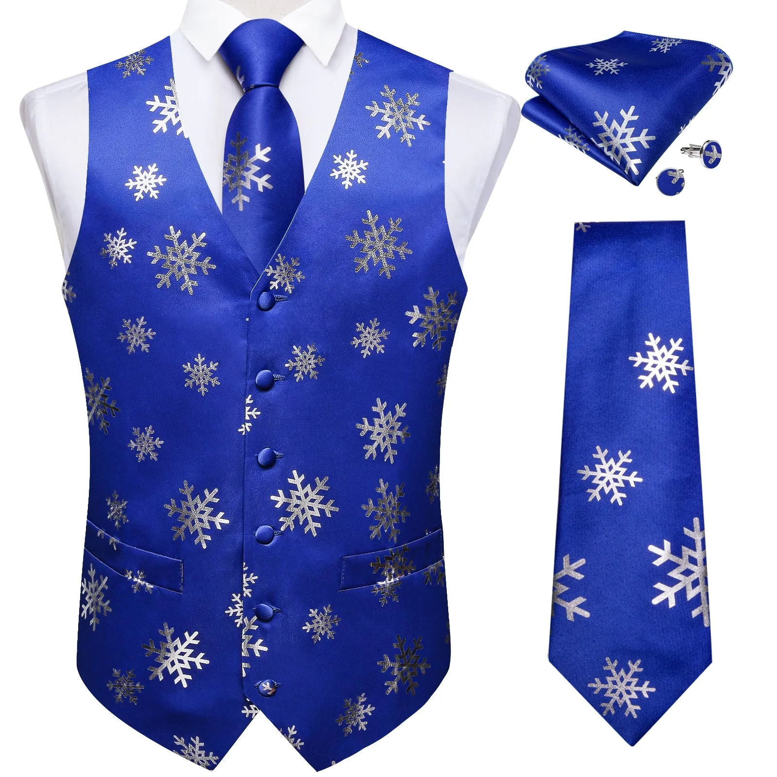 Ties2you Mens Christmas Vest Blue Silver Snowflake Novelty Vest Tie Hanky Cufflinks Set Waistcoat Suit Set