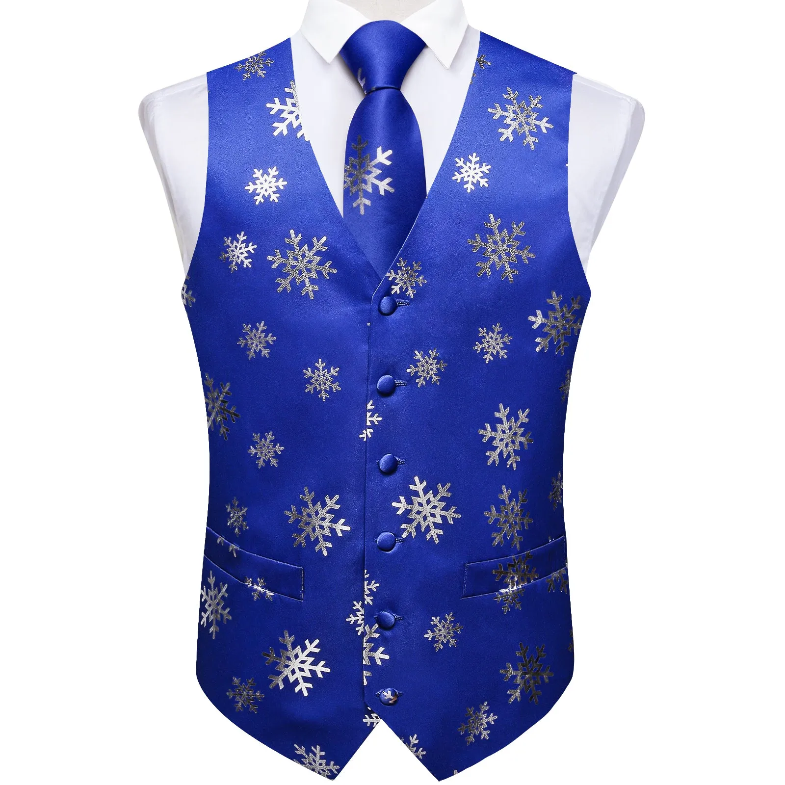 Ties2you Mens Christmas Vest Blue Silver Snowflake Novelty Vest Tie Hanky Cufflinks Set Waistcoat Suit Set