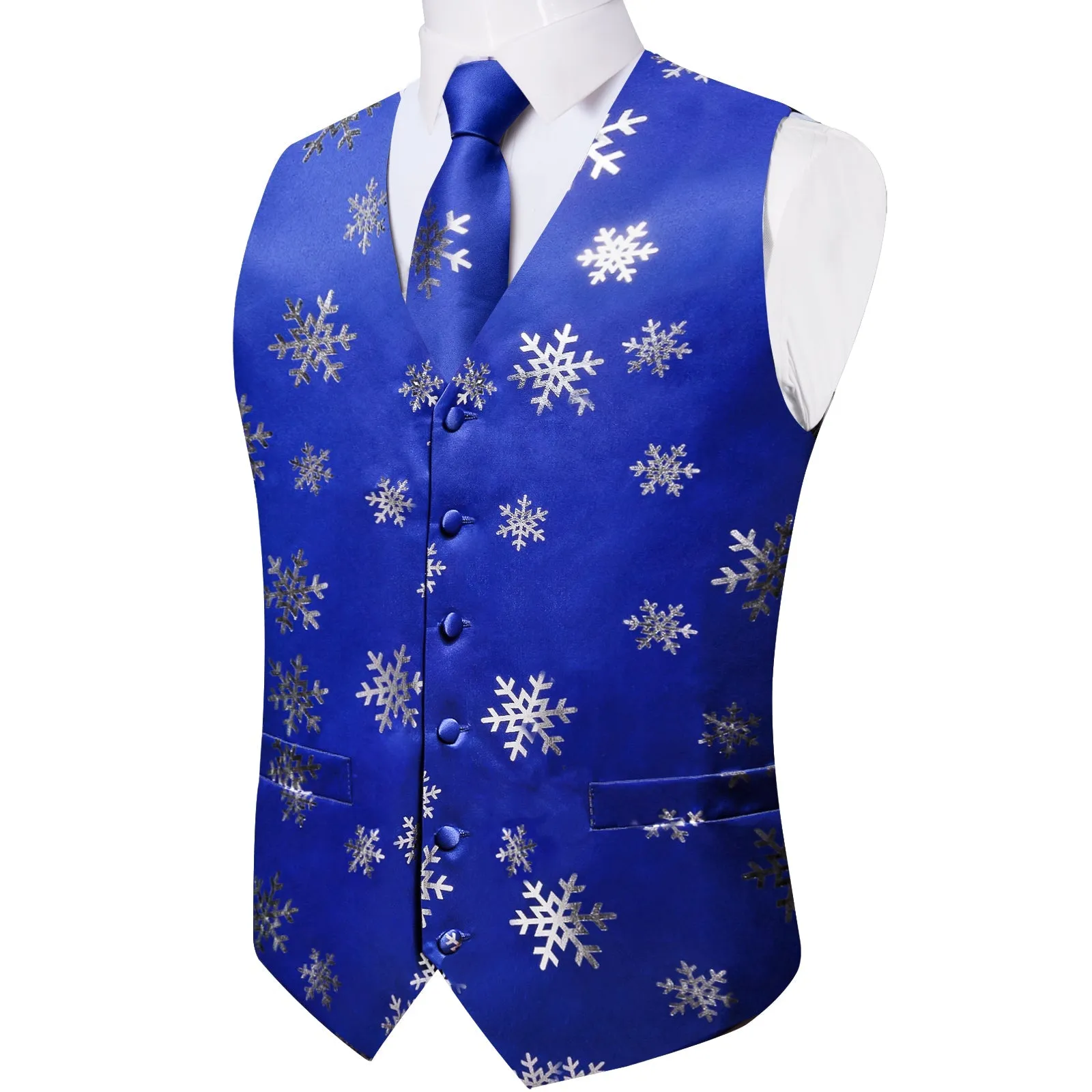 Ties2you Mens Christmas Vest Blue Silver Snowflake Novelty Vest Tie Hanky Cufflinks Set Waistcoat Suit Set