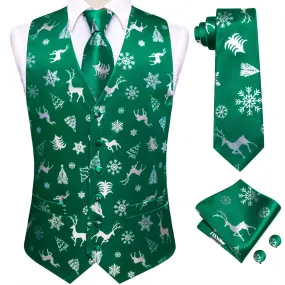 Ties2you Mens Green Silver Christmas Elements Silk Vest Necktie Set