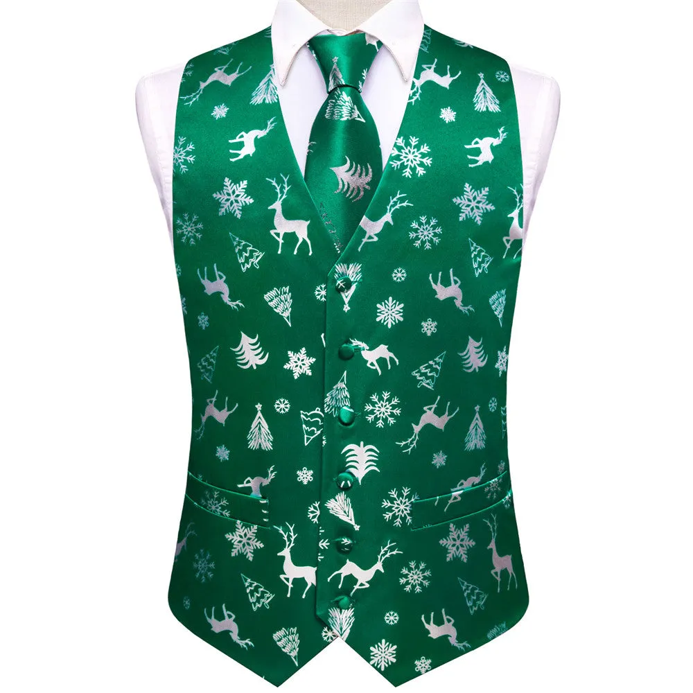 Ties2you Mens Green Silver Christmas Elements Silk Vest Necktie Set