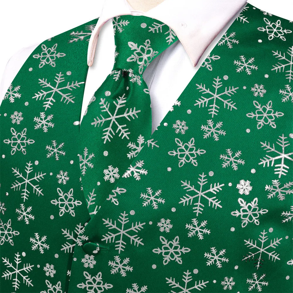 Ties2you Mens Green Silver Christmas Snowflakes Silk Vest Necktie Set