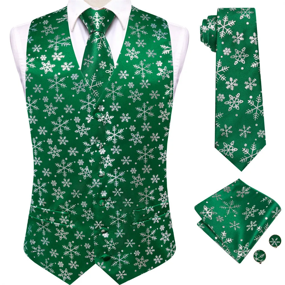 Ties2you Mens Green Silver Christmas Snowflakes Silk Vest Necktie Set