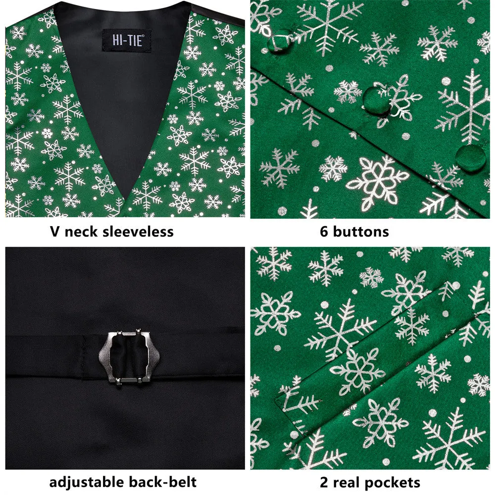 Ties2you Mens Green Silver Christmas Snowflakes Silk Vest Necktie Set