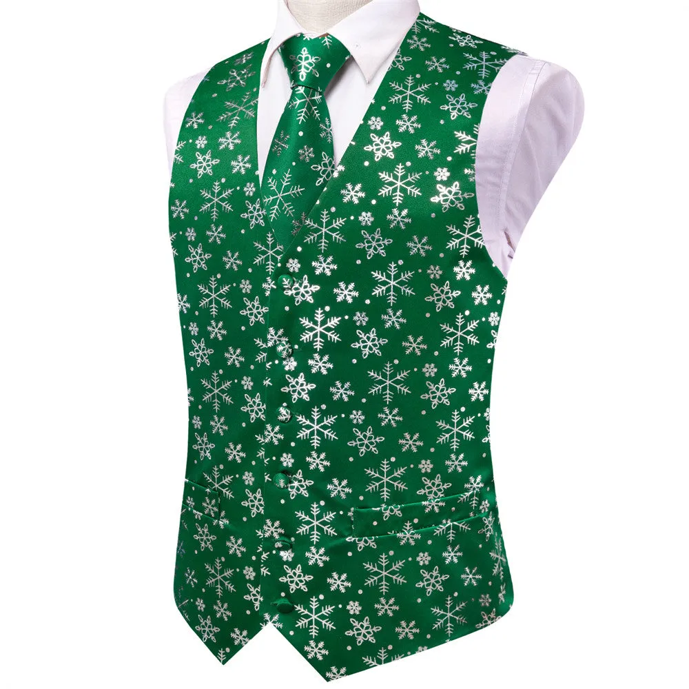 Ties2you Mens Green Silver Christmas Snowflakes Silk Vest Necktie Set