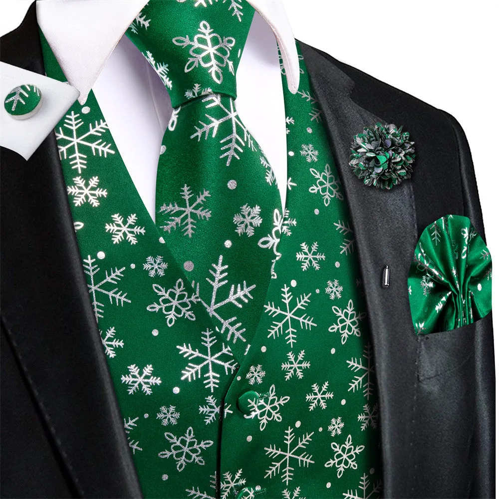 Ties2you Mens Green Silver Christmas Snowflakes Silk Vest Necktie Set