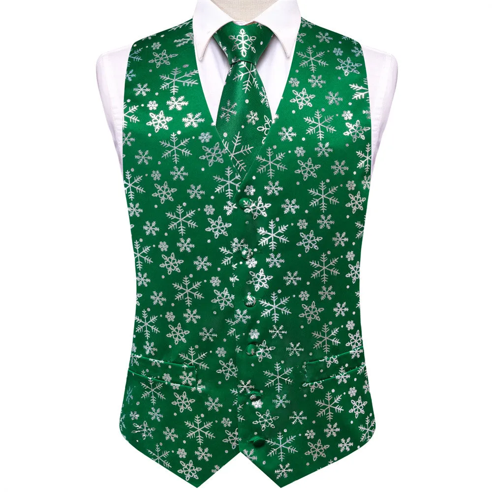 Ties2you Mens Green Silver Christmas Snowflakes Silk Vest Necktie Set