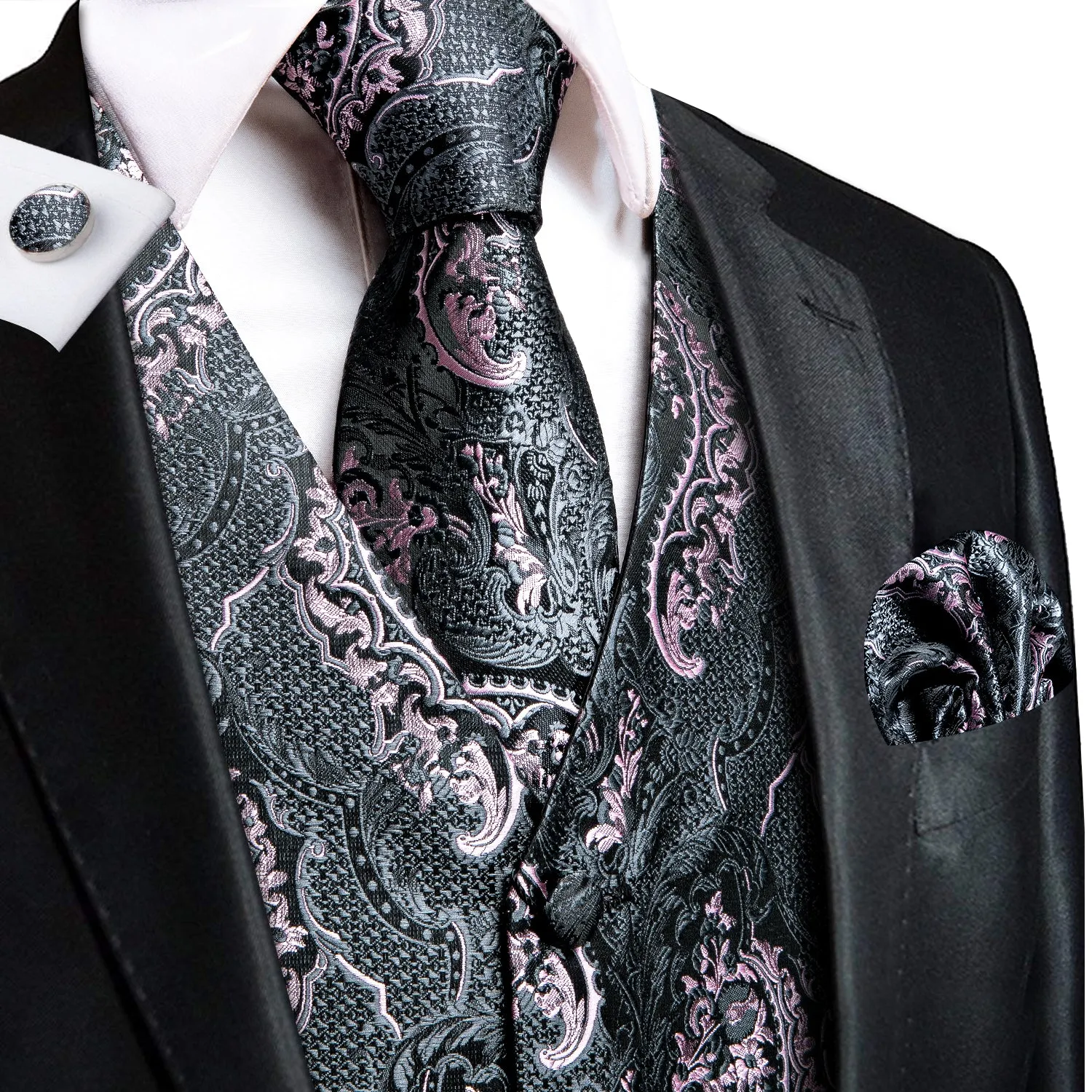 Ties2you Mens Vest Formal Pink silver Floral Men's Vest Tie Hanky Cufflinks Set Waistcoat Suit Set for men