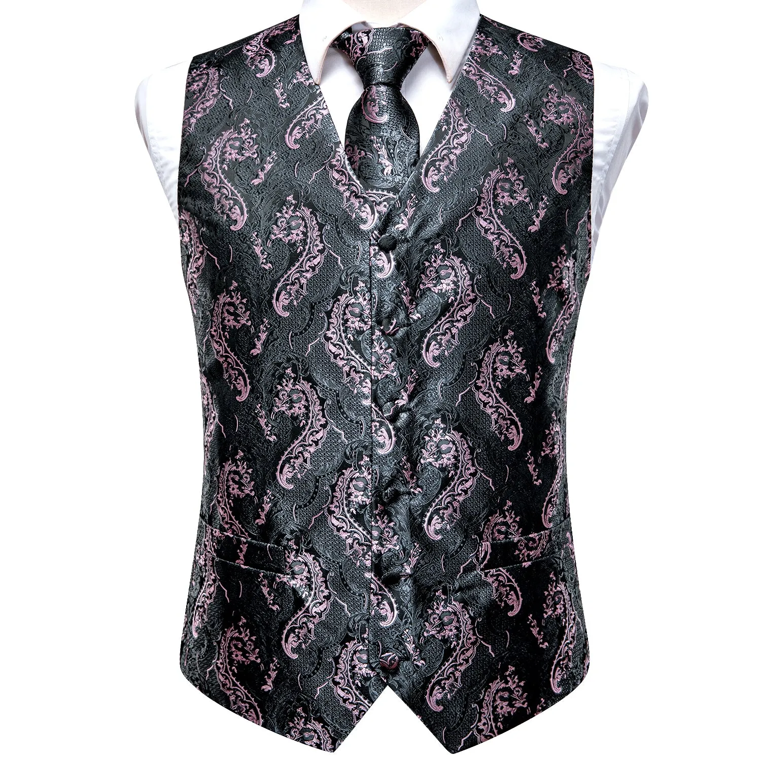 Ties2you Mens Vest Formal Pink silver Floral Men's Vest Tie Hanky Cufflinks Set Waistcoat Suit Set for men