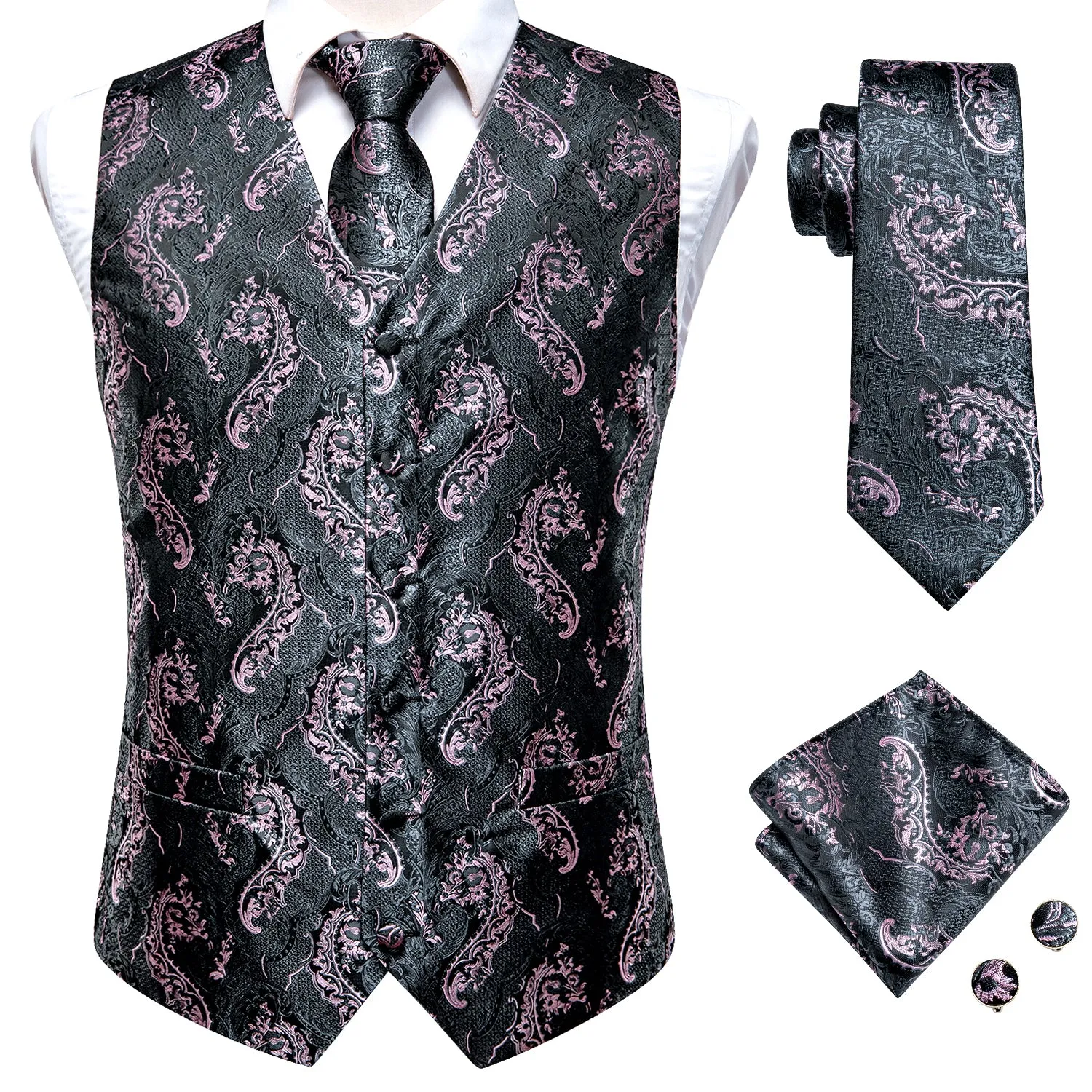 Ties2you Mens Vest Formal Pink silver Floral Men's Vest Tie Hanky Cufflinks Set Waistcoat Suit Set for men