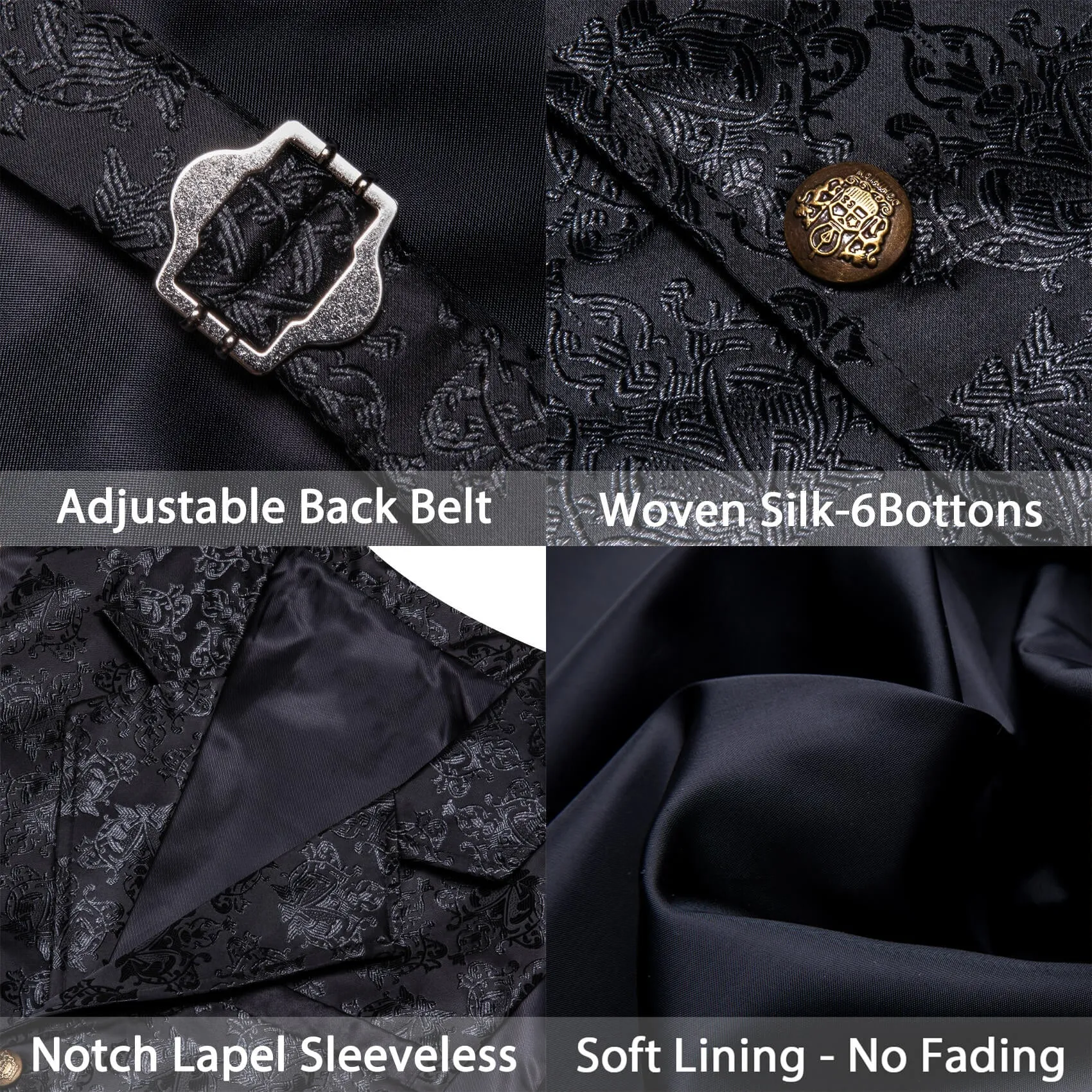 Ties2you Men's Vest Silver Black Woven Floral Silk Waistcoat Suit Vest