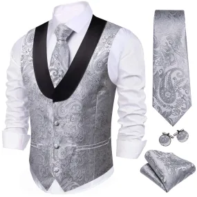 Ties2you Men's Vest Silver Grey Paisley Shawl Collar Vest Silk Tie Hanky Cufflinks Set