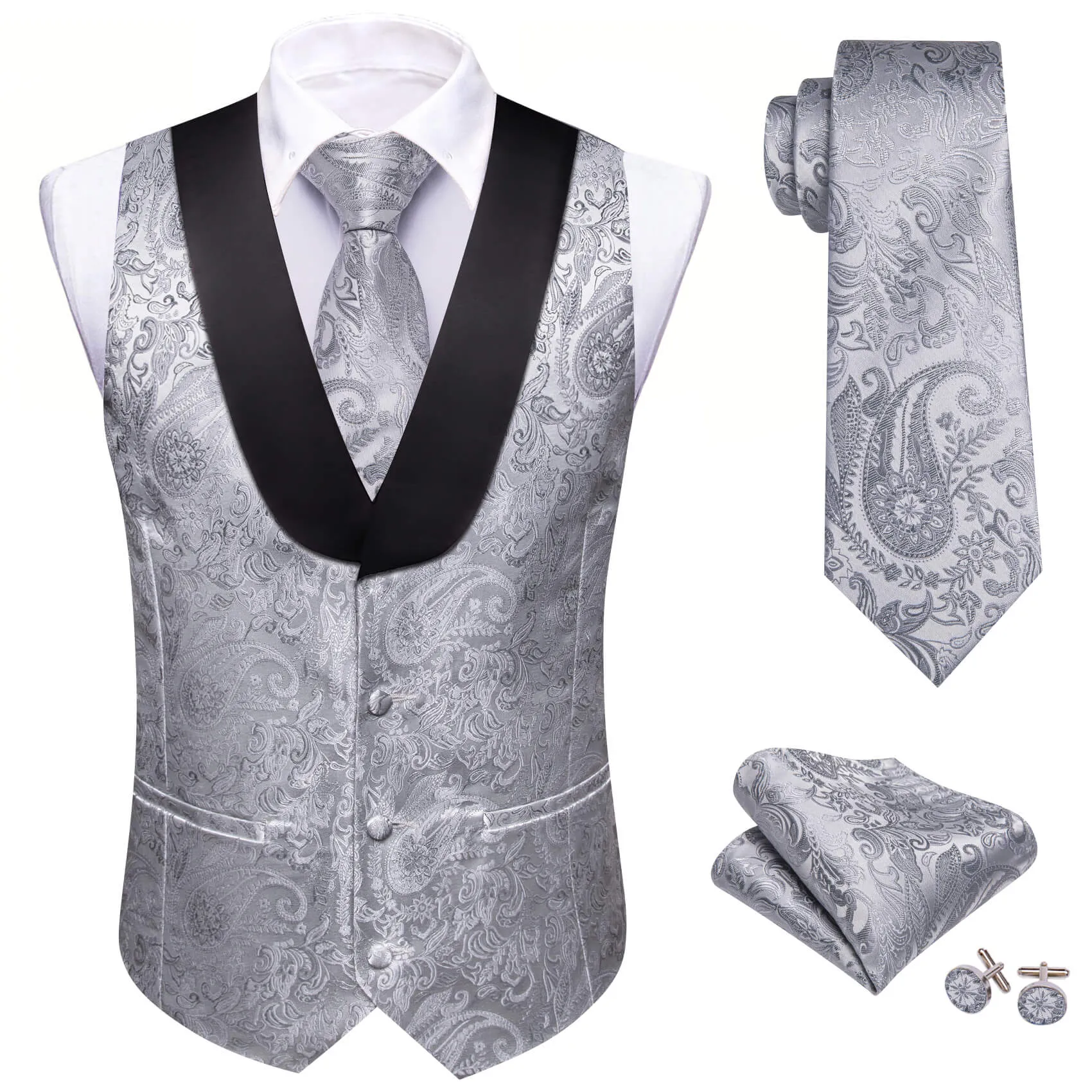 Ties2you Men's Vest Silver Grey Paisley Shawl Collar Vest Silk Tie Hanky Cufflinks Set