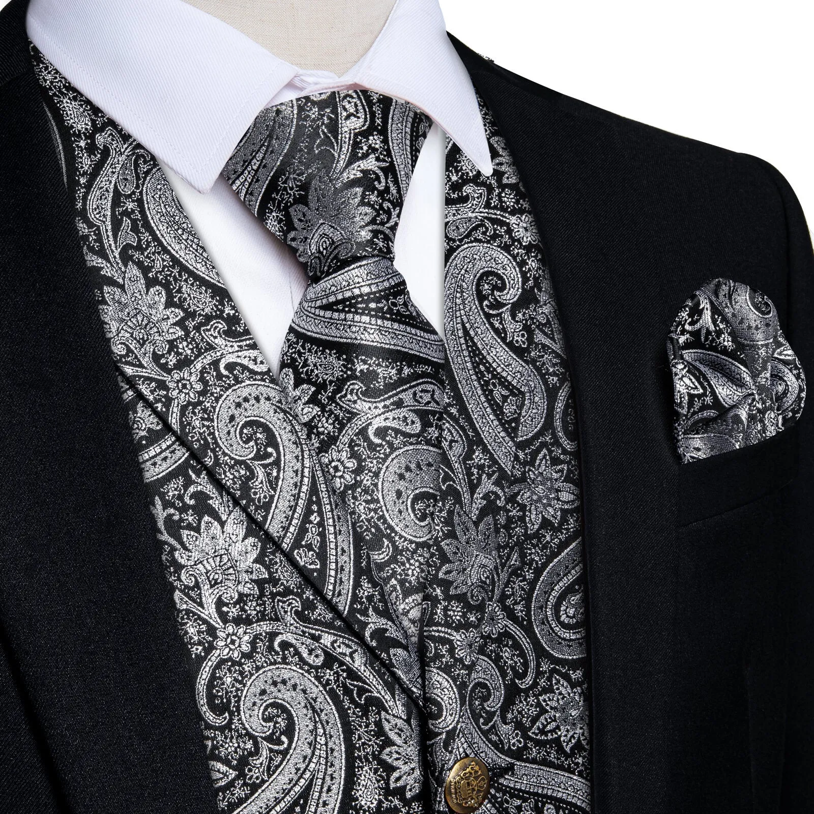 Ties2you Men's Vest Silver Grey Woven Paisley Silk Suit Vest Tie Set