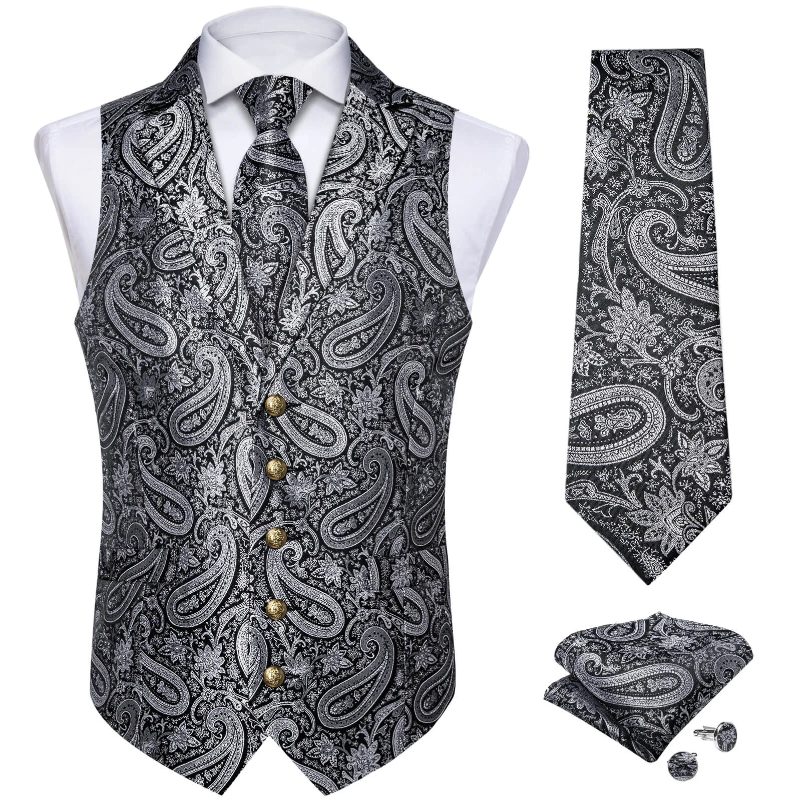 Ties2you Men's Vest Silver Grey Woven Paisley Silk Suit Vest Tie Set