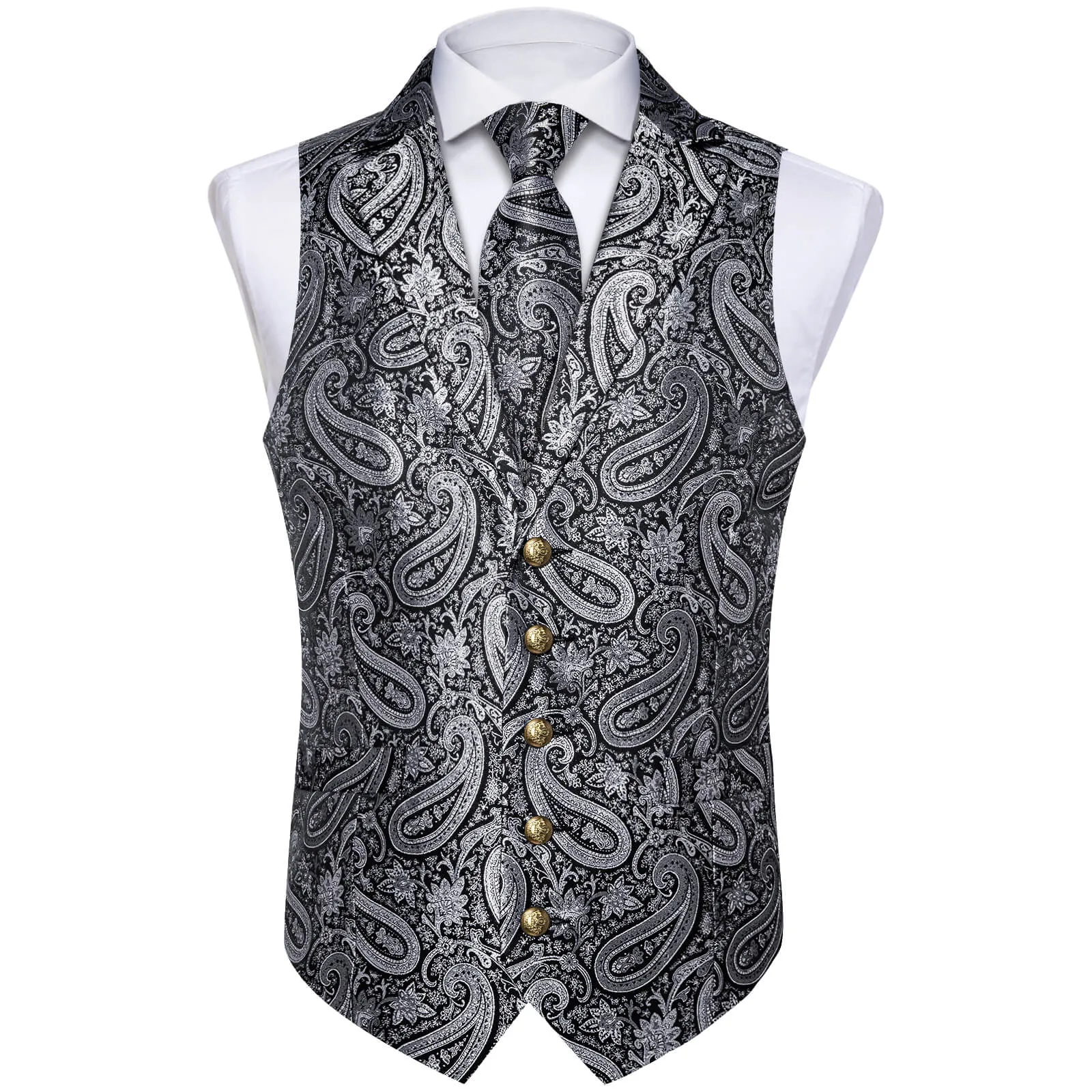 Ties2you Men's Vest Silver Grey Woven Paisley Silk Suit Vest Tie Set