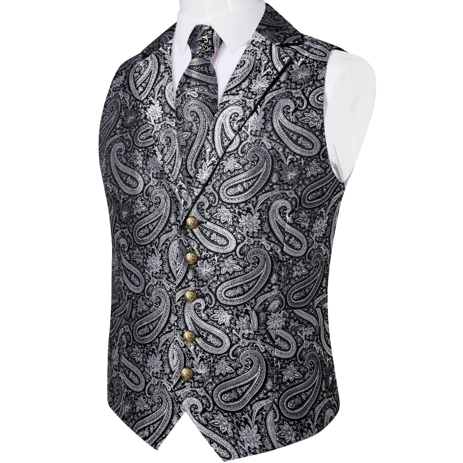 Ties2you Men's Vest Silver Grey Woven Paisley Silk Suit Vest Tie Set