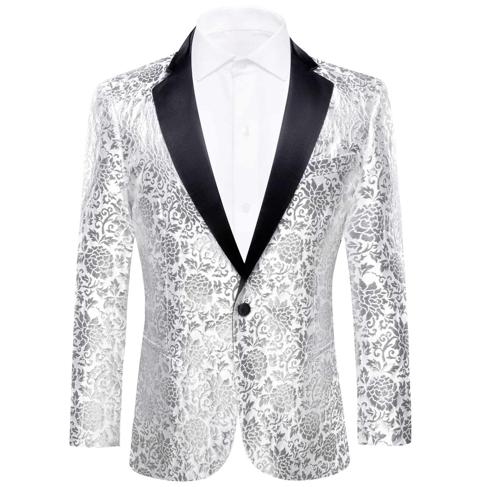 Ties2you Notched Collar Men's Suit  Silver White Floral Flower Suit For Party