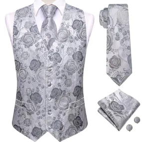 Ties2you Silver Rose Floral V-Neck Silk Vest Necktie Set