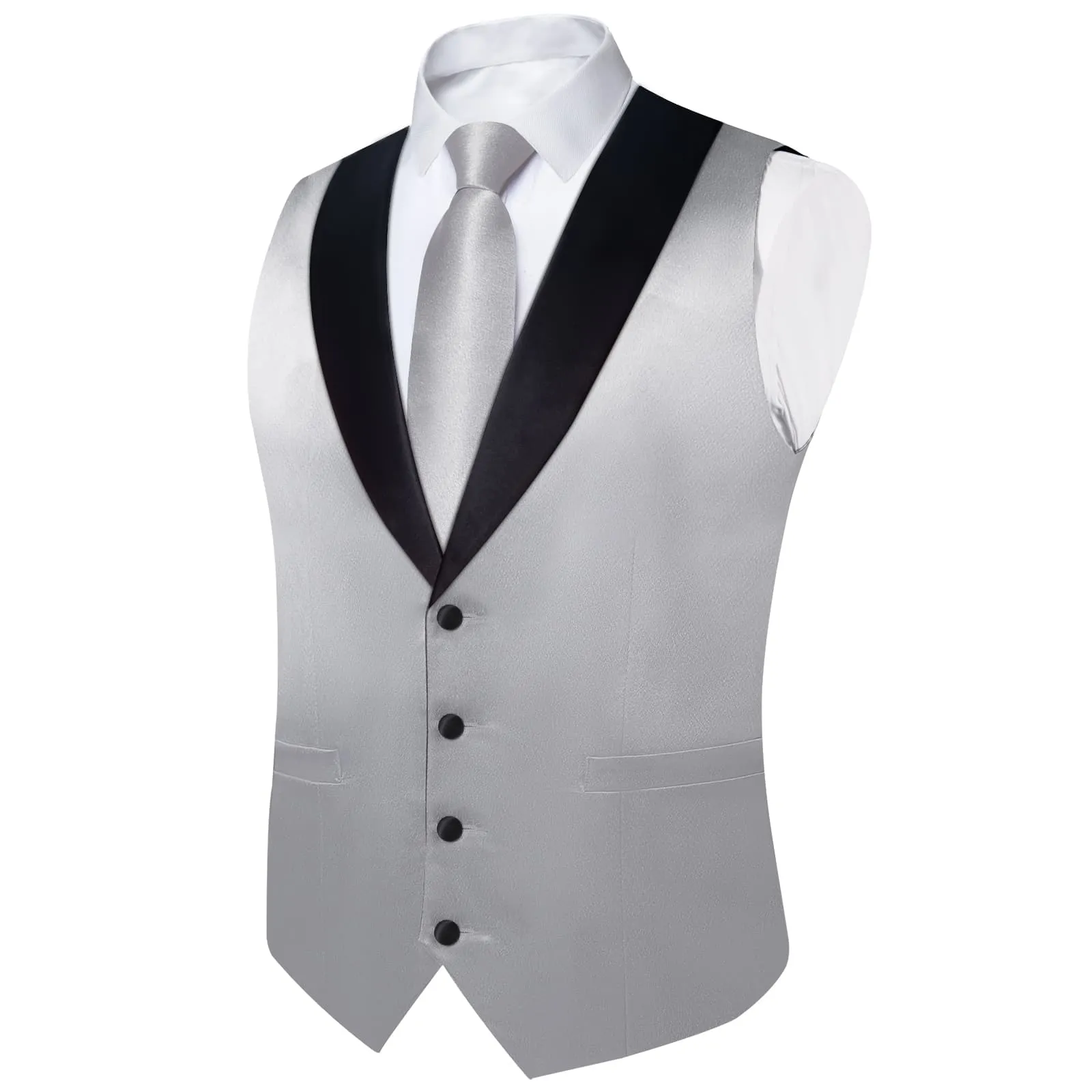 Ties2you Work Vest Shining Silver Grey Solid Shawl Collar Silk Mens Vest Tie Set Fashion