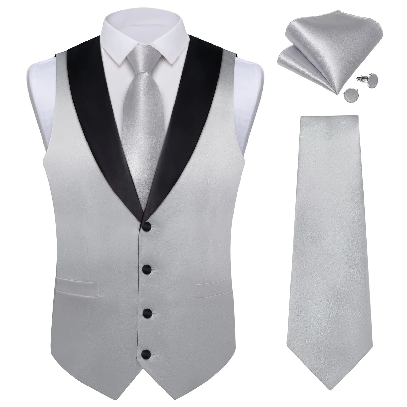 Ties2you Work Vest Shining Silver Grey Solid Shawl Collar Silk Mens Vest Tie Set Fashion