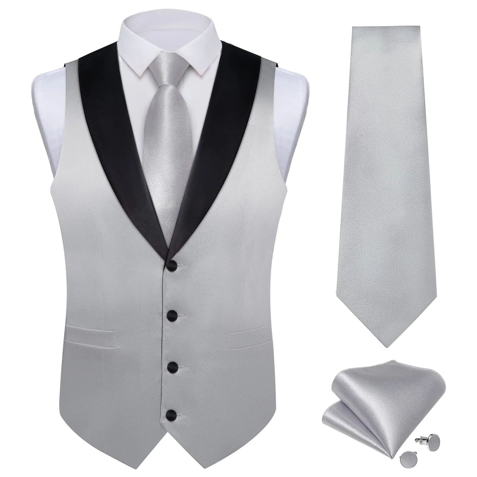 Ties2you Work Vest Shining Silver Grey Solid Shawl Collar Silk Mens Vest Tie Set Fashion