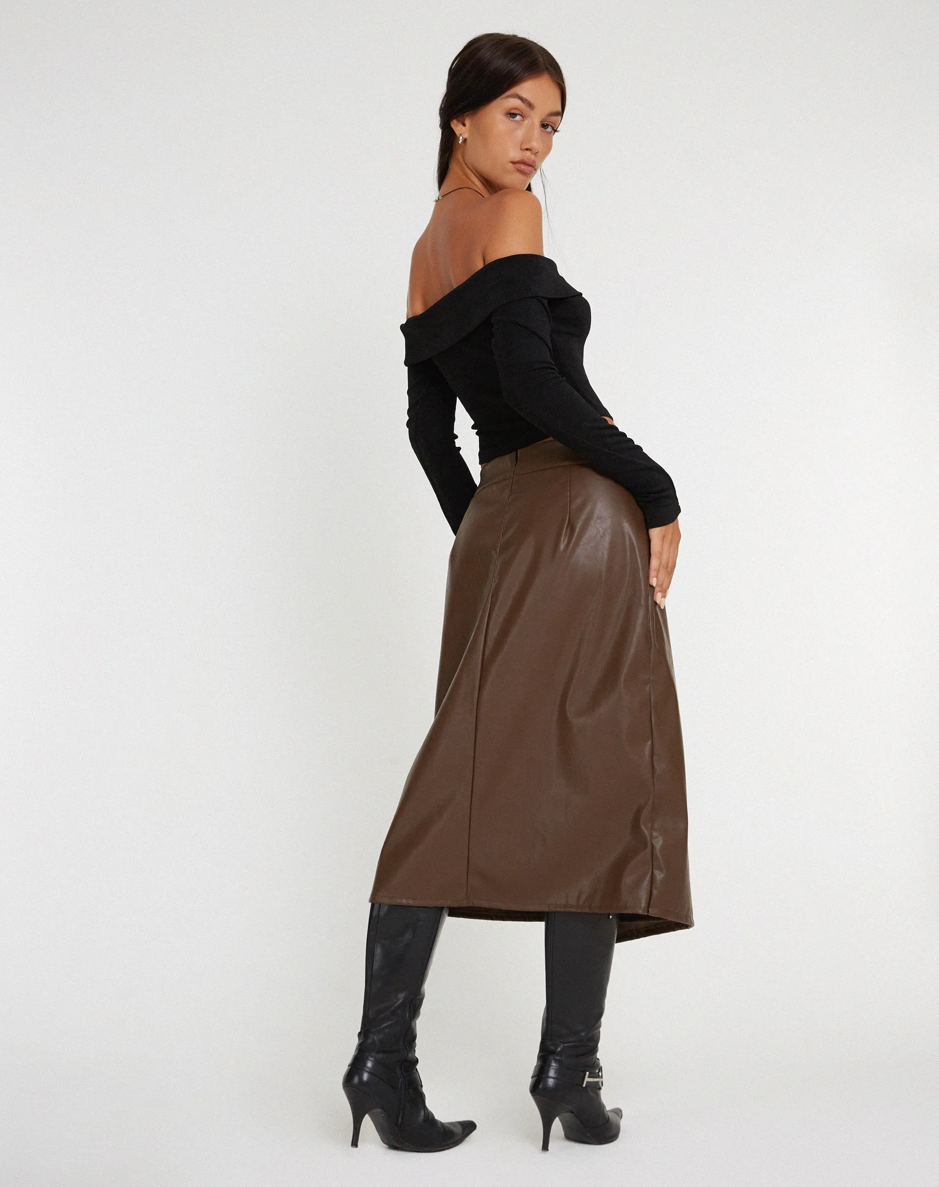 Utari Midi Skirt in PU Brown