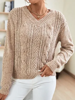 V-Neck Cable-Knit Long Sleeve Sweater