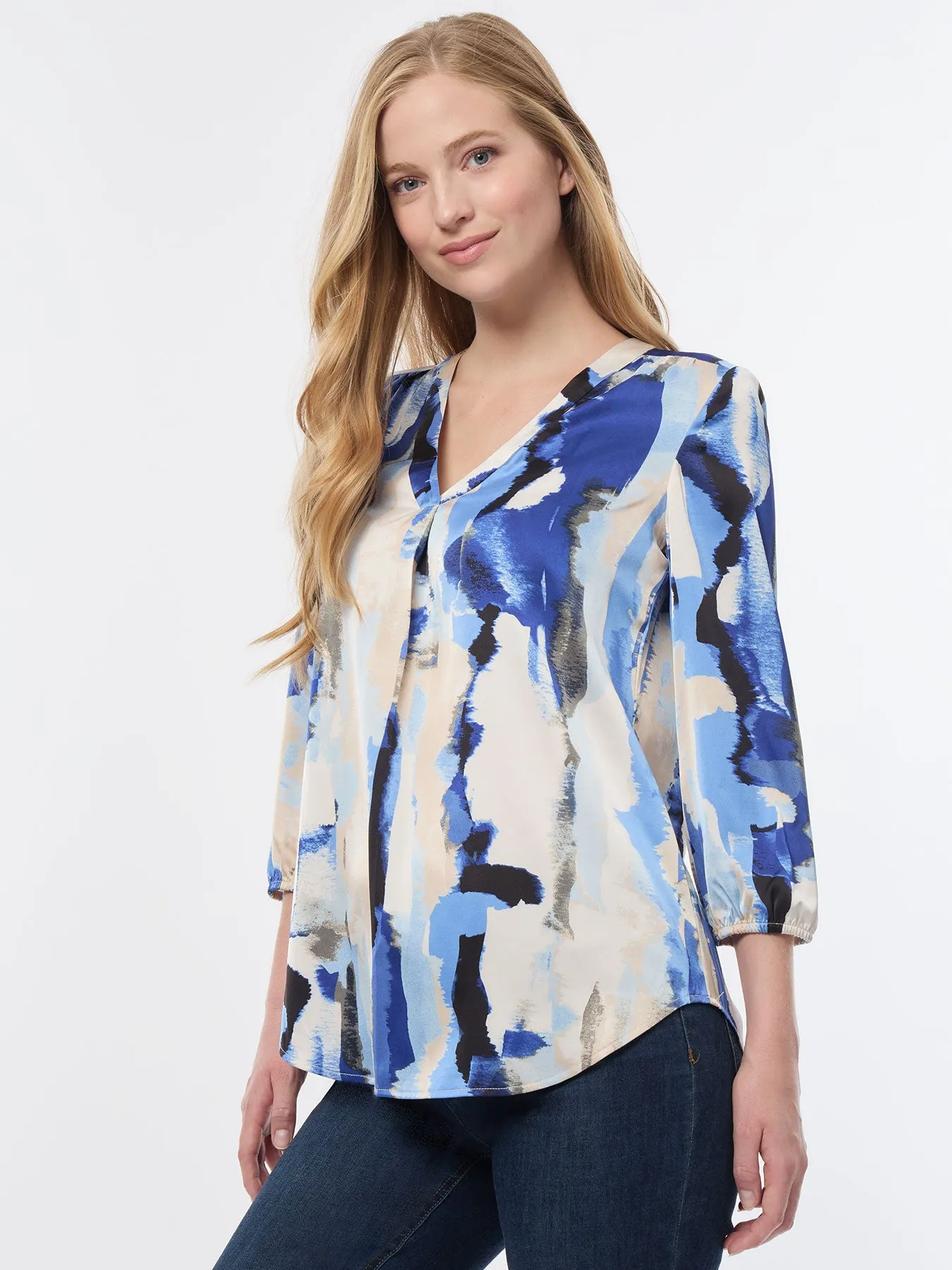 V-Neck Pleated Kelly Blouse, Crepe De Chine