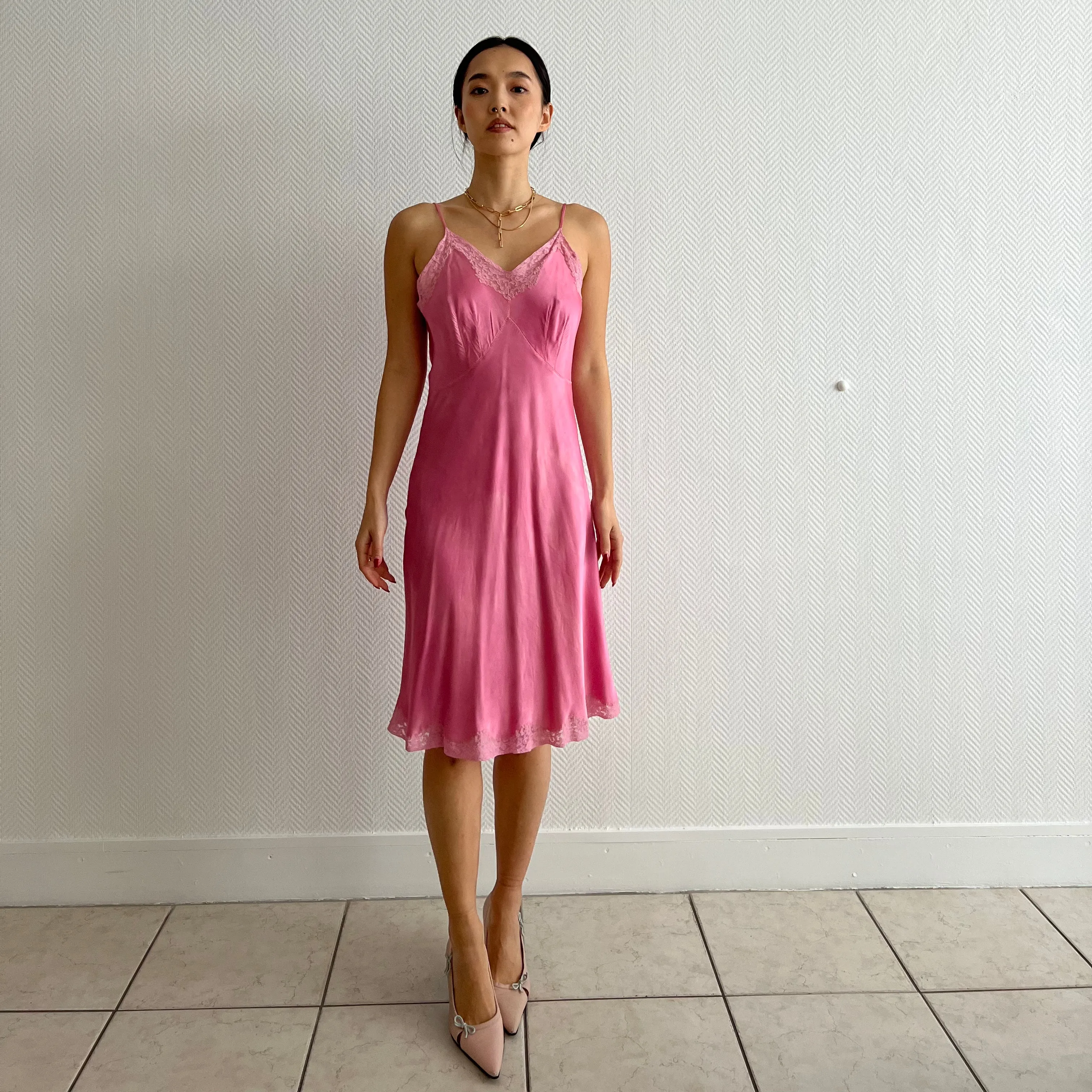 Vintage 1940s hand dyed fuschia silk slip dress