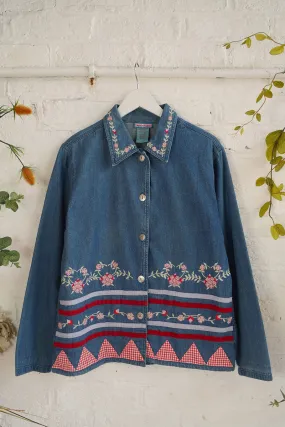 Vintage Denim Jacket - Quilted Floral Embroiery - Size S