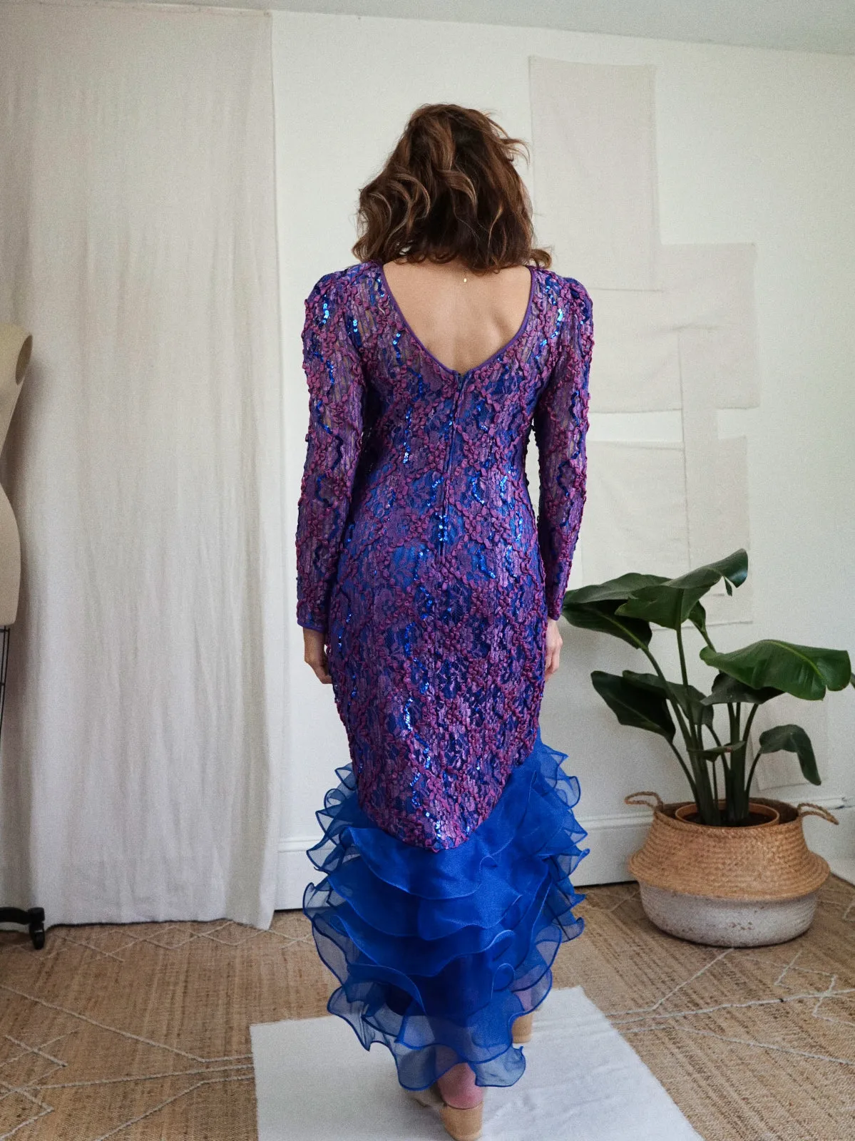 Vintage Purple Lace Sequin Ruffle Dress