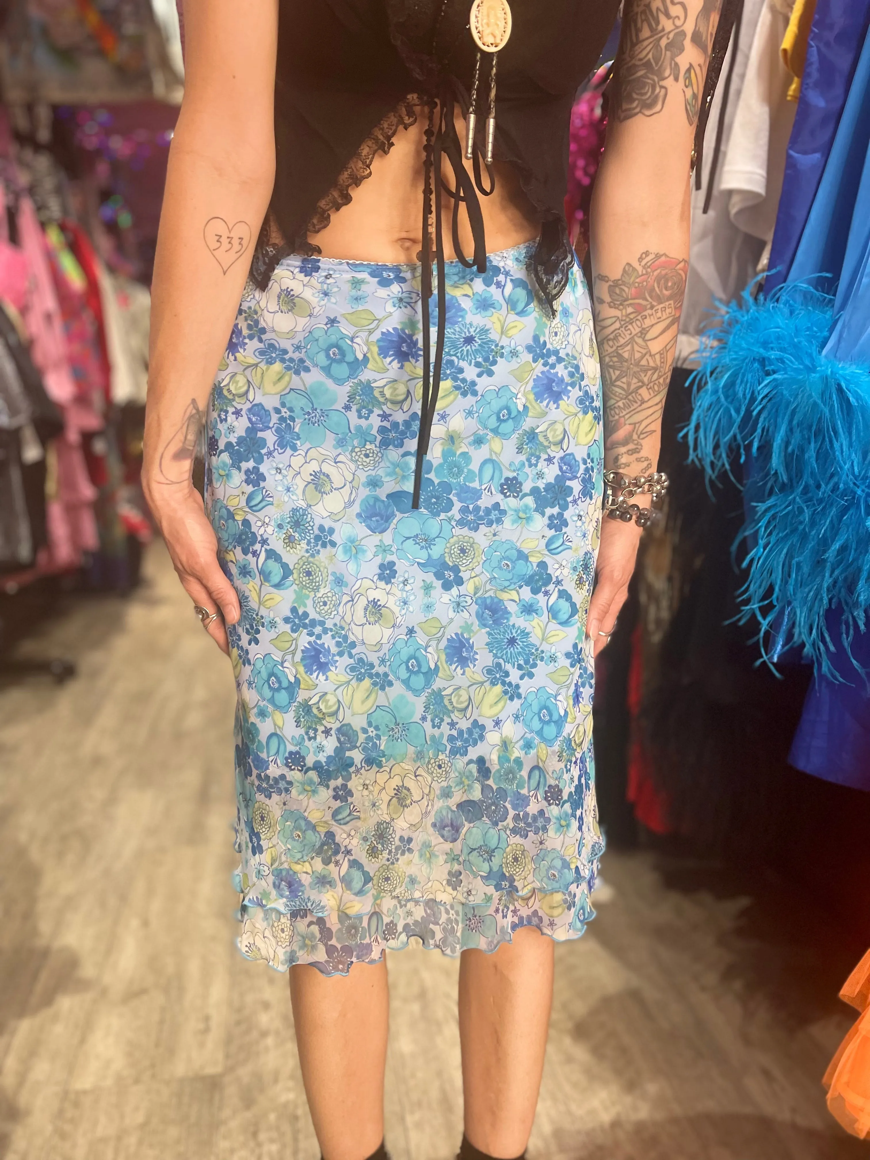 Vintage Y2K Blue Floral Midi Skirt