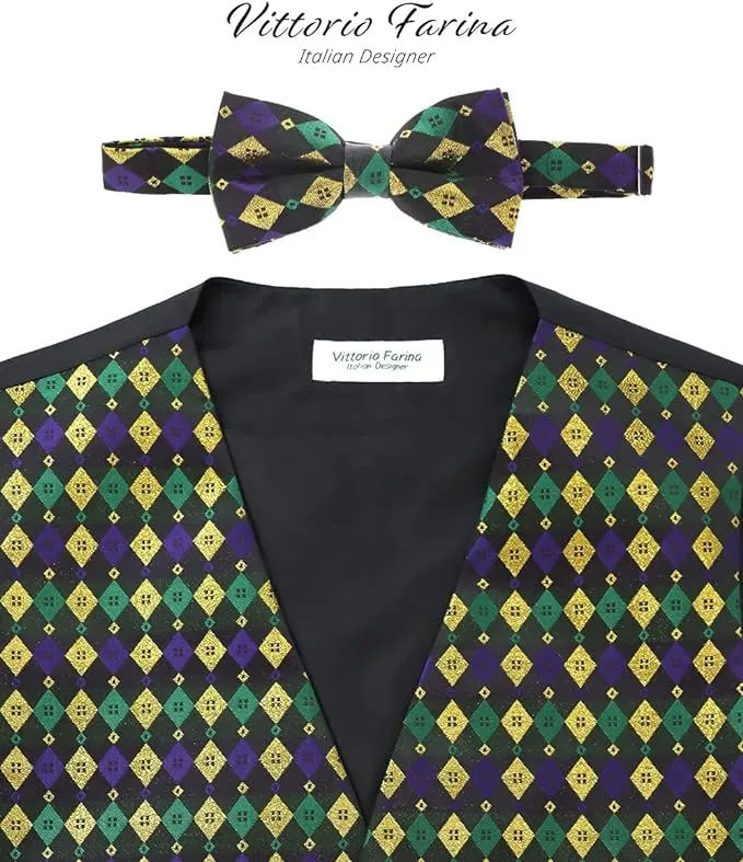 Vittorio Farina Men's Mardi Gras Satin Vest and Bow Tie Set