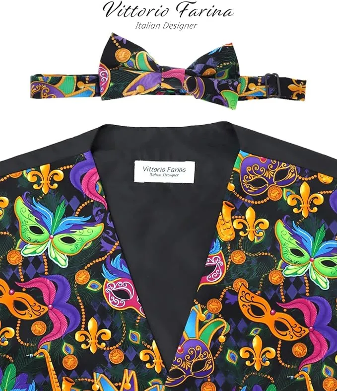 Vittorio Farina Men's Mardi Gras Satin Vest and Bow Tie Set