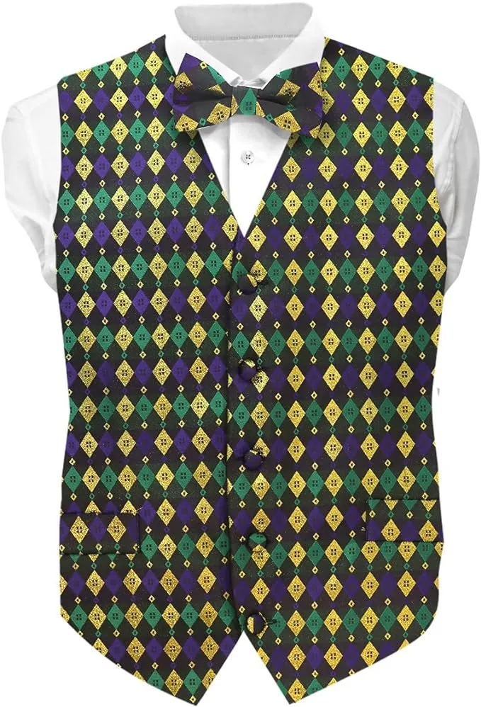 Vittorio Farina Men's Mardi Gras Satin Vest and Bow Tie Set