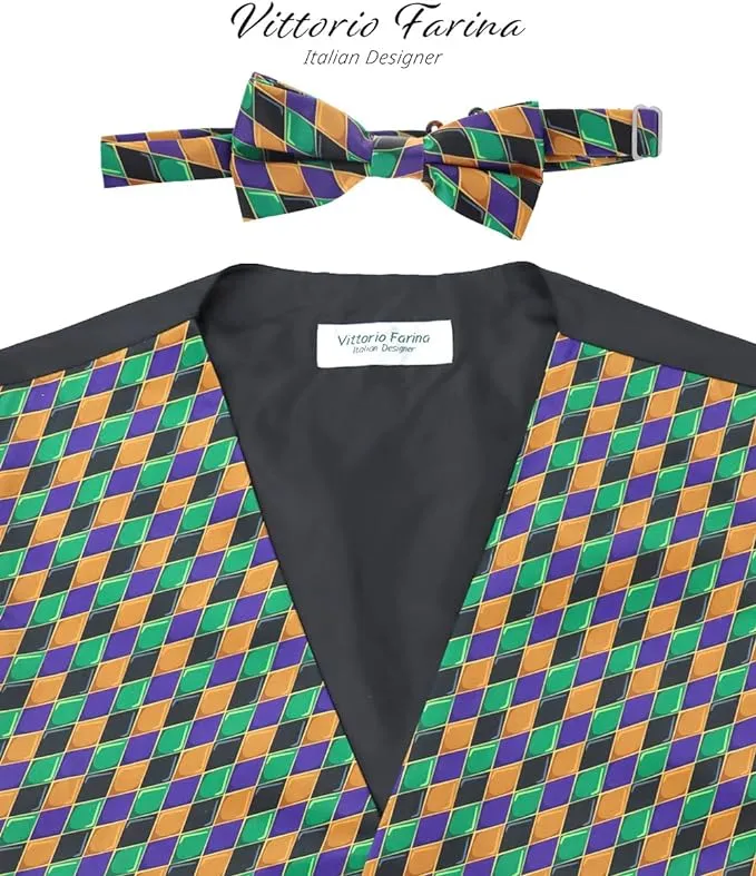 Vittorio Farina Men's Mardi Gras Satin Vest and Bow Tie Set