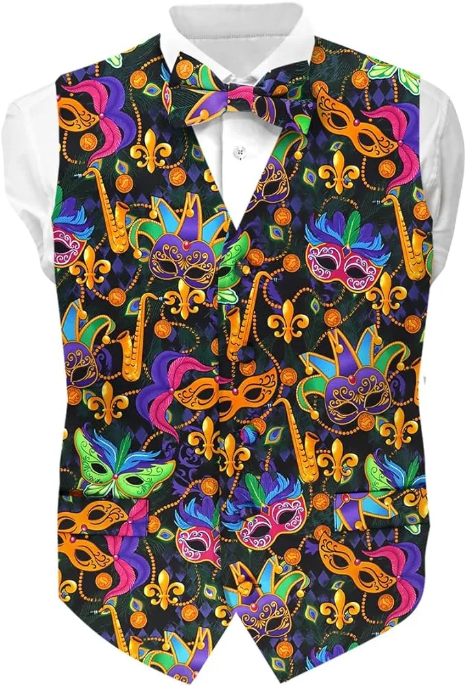 Vittorio Farina Men's Mardi Gras Satin Vest and Bow Tie Set