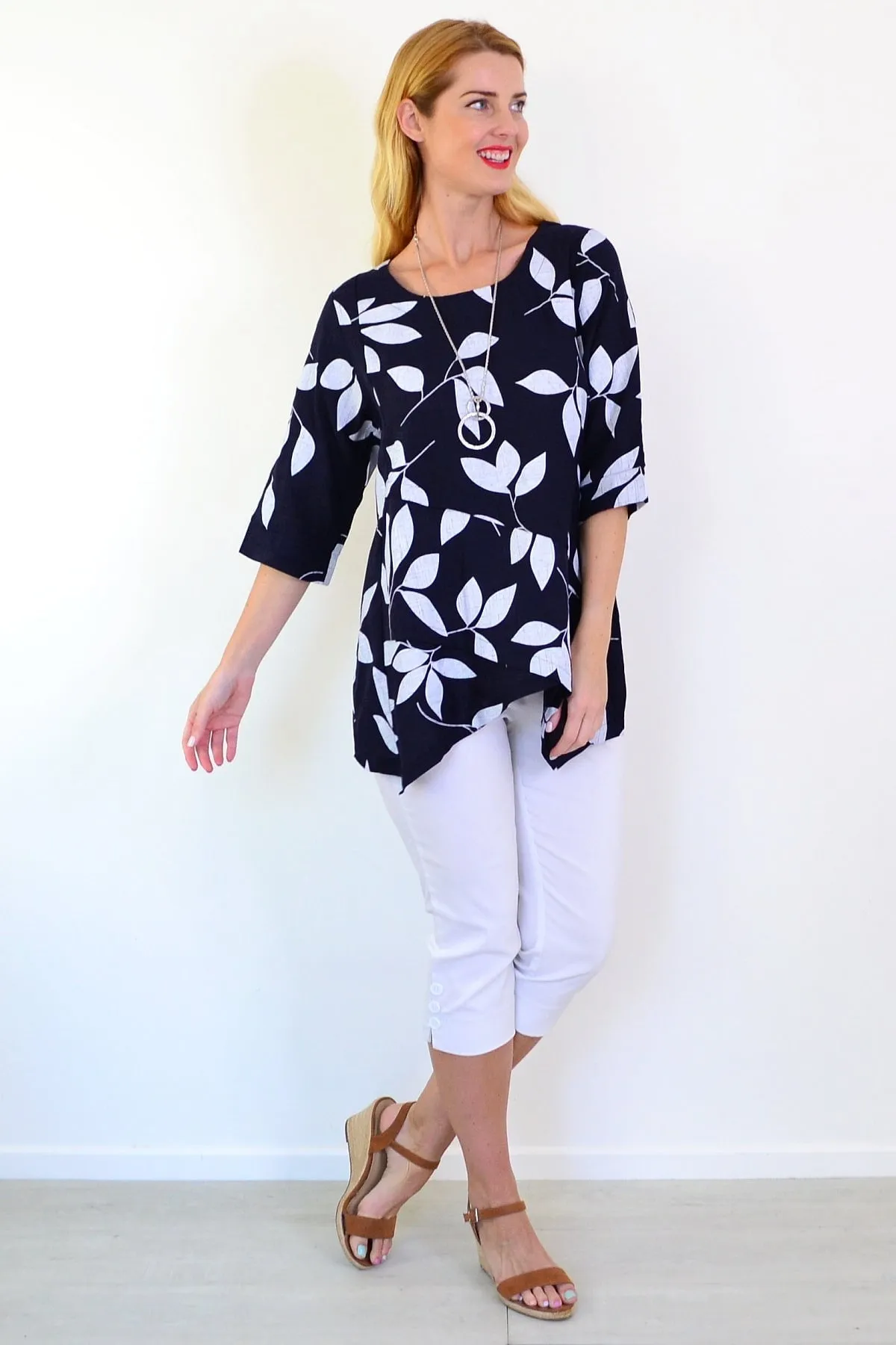 White Petals Linen Blend Tunic Top