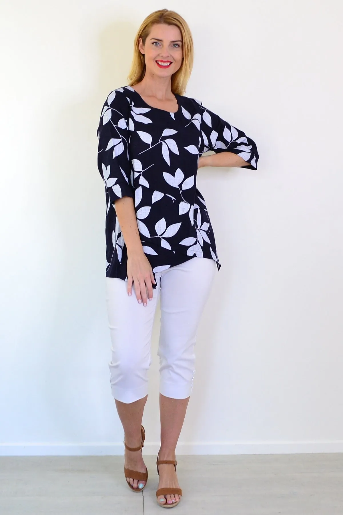 White Petals Linen Blend Tunic Top